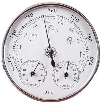 FTVOGUE Termometro Barometro Igrometro 3 in 1, Strumento Meteorologico in Lega di Alluminio con Quadrante 5,12 Pollici per Uso Interno Ed Esterno in Ufficio, Giardino di Casa