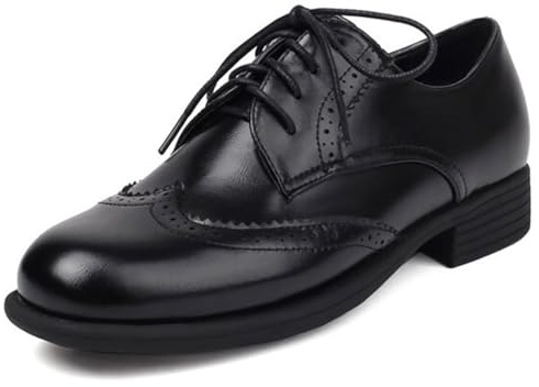Eestfy Zapatos Oxford Mujer Clásicos Brogue con Cordones Punta Redonda Tacón Bajo Detalle Calado Estilo Británico Retro Cómodos para Oficina Y Calle,Negro,38 EU