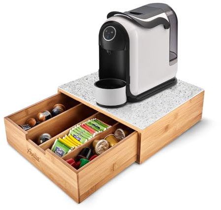 Avilia - Porta Cialde Caffè e Porta Capsule in Bambù con Ripiano in Vetro Effetto Granito, Organizer per Angolo Caffè e Tè 30x30x10cm, Elegante e Compatto per Casa e Ufficio