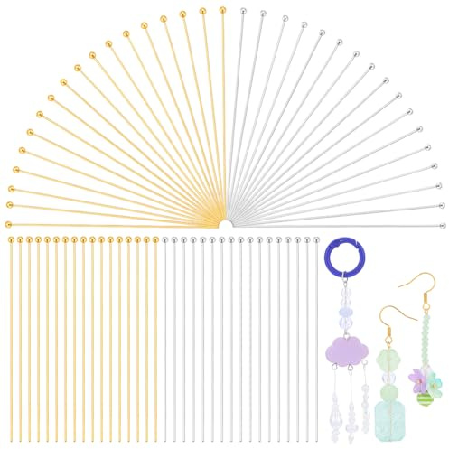 PH PandaHall 100 pines de cabeza de bola chapados en oro de 24 quilates y plata de ley 925 de 2 pulgadas, pines de latón de calibre 22 para pulseras, pendientes, collares, manualidades, abalorios