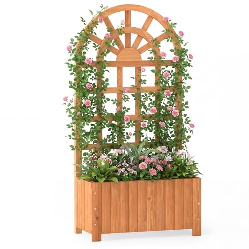 COSTWAY Blumenkasten mit Rankgitter, Pflanzkasten für Kletterpflanzen, Hochbeet mit Spalier & Entwässerung, Blumenkübel für Garten Balkon Sichtschutz, Gartenspalier Holz, 61 x 30 x 121 cm, Braun