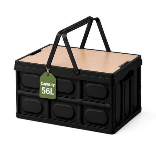 VORMICS Klappbox Faltbar Stabil Plastik Faltbox, 56 Liter(1, Schwarz) | klappboxen faltbar stabil, 59 x 36 x 29 cm, Camping Box, Klappbox mit Deckel für Outdoor, Kofferraum und Haushalt