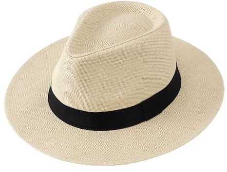 Chapeau Panama Homme Chapeau de Paille à Larges Bords Chapeaux de Soleil Cowboy Respirant Chapeaux Plage pour L'Extérieur Voyage Pêche Jardinage, Fédora Mafia Gangster Accessoires de Costume Gatsby