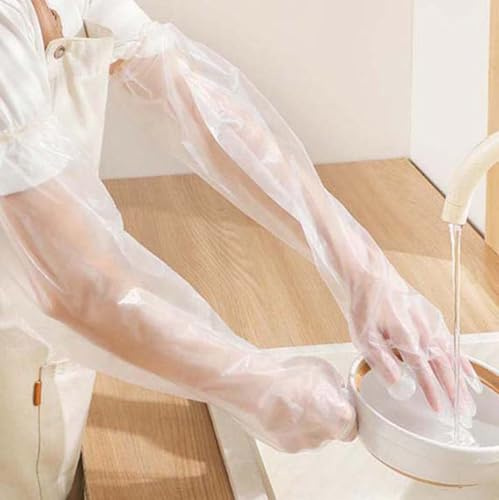 Extra Thick Long Gloves 10pcs,60cm Disposable Waterproof Gloves for Kitchen Cleaning Dishwashing,Food Grade Oil Resistant Long Arm Gloves with Elastic Cuff Non Slip (50PCS)