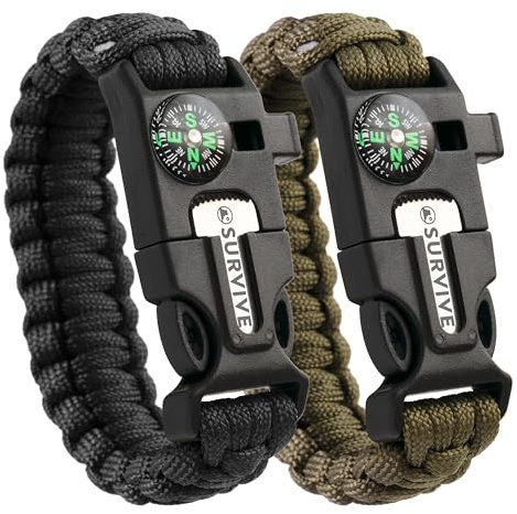 SURVIVE Paracord Bracelet, Pack of 2, Emergency Hiking Survival Kit Fire Starter Compass Whistle, Wrist Size: Small, 8.5 ft Continuous Strand Flint Steel Scraper 5 in 1