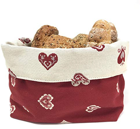 Gaidra Brotkorb - Stoff - Brötchenkorb - Tirol, alpenländisches Landhaus Stil, für Aufbewahrung von Brot und Gebäck, Doubleface zweiseitig verwendbar - Hochwertige Verarbeitung - Motiv Herzen rot