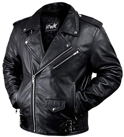 HWK Brando Leather Motorcycle Jacket for Men, Genuine Black Leather Jacket with Removable CE Armor & Micro Polyester Thermal Lining for Weather & Water Resistant Enduro Motorbike Riding - Medium
