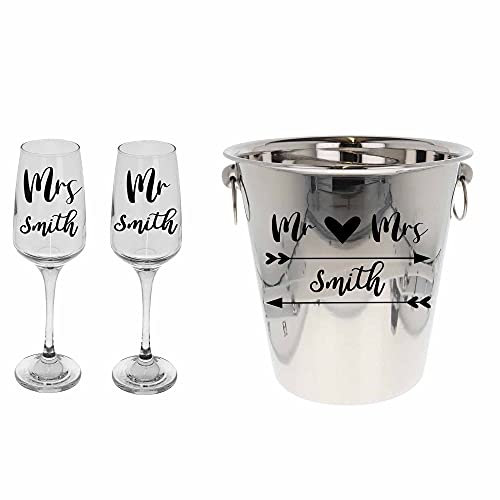 Personalised Mr & Mrs/Mrs & Mrs/Mr & Mr Ice Bucket with Matching Champagne Glasses (Ice Bucket with Glasses)