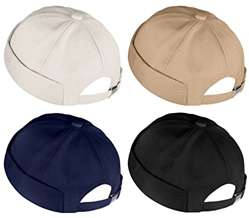 URATOT 4 Pieces Brimless Hat Docker Cap Retro Cotton No Brim Hat Adjustable Rolled Cuff Brimless Hats for Men