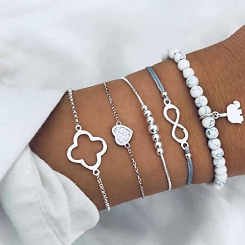 Prosy Multicouche Chanceux 8 Bracelets Ensemble Argent Perle Fantaisie Éléphant Coeur Marbre Main Accessoires Réglable Bijoux pour Femmes et Filles