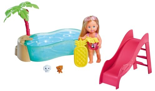 Simba 105733593 - Evi Love Pool Party, Puppe im Badeanzug mit Zwei süßen Hundewelpen und Schwimmbecken, Rutsche, Sprungbrett, Palme und Luftmatratze in Ananas Form, 12cm Spielpuppe, ab 3 Jahren