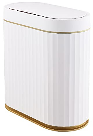 ELPHECO Bathroom Trash Can with lid 2.5 Gallon Waterproof Motion Sensor Wastebasket, Automatic Trash Bin Bathroom Decor for Bedroom and Office White with Golden Trim