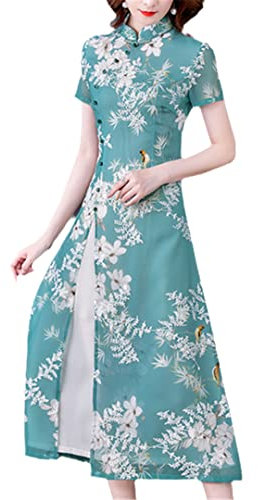 Qipao Slim Print Vintage Chinese Style Stand Collar Patchwork Short Sleeve Women Cheongsam green M