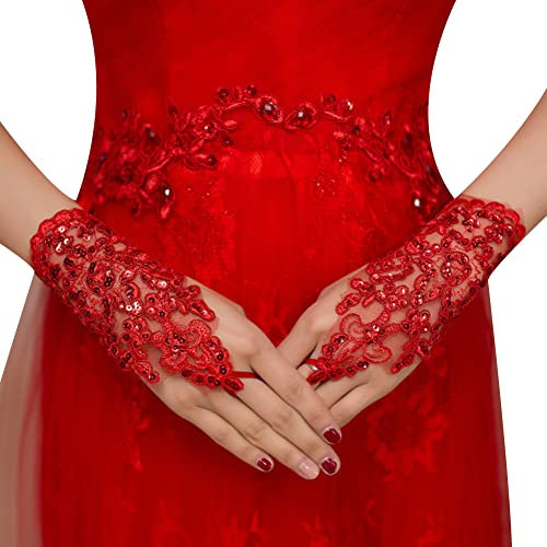 URFEDA Spitze Handschuhe Kurz Brauthandschuhe mit Strasssteine ohne Finger Damen Sexy Elegant Handschuhe Netzhandschuhe Mode Kostüm Accessoires Sommer Frauen Brauthandschuh Hochzeit Abend Party