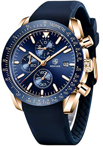 BENYAR Orologio da Uomo Cronografo Analogico Movimento al Quarzo Cinturino in pelle Moda Business Sportivo orologio da polso 30 M Impermeabile e Antigraffio Elegante Regalo per Uomo