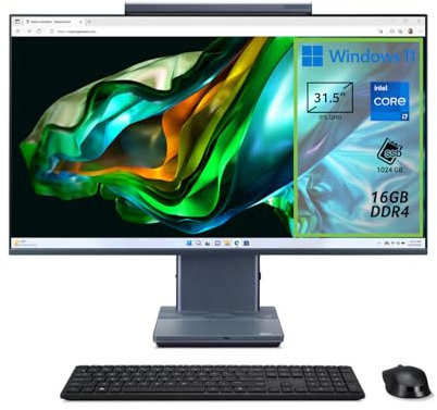 Acer Aspire S32-1856 Computer Fisso All in One, Pc Desktop, Intel Core i7-1360P, Ram 16 GB DDR4, 1 TB SSD, Display 31.5 IPS QHD, Intel Iris Xe Eligible, Wifi, Webcam, Windows 11 Professional