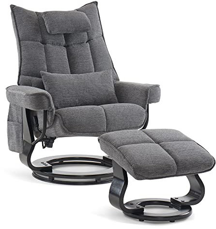 M MCombo Relaxsessel mit Hocker, Drehbare Fernsehsessel mit Liegefunktion, Moderner TV-Sessel Stuhl für Wohnzimmer, mit Kissen & Seitentasche, Stoff, 9076 (Grau)