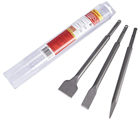 Starrett SDS Plus KCPK03 - Juego de cinceles, Cinceles planos y de punta anchos de calidad, Para ladrillos de hormigón de mampostería Accesorios para martillos rotativos, 3 Piezas