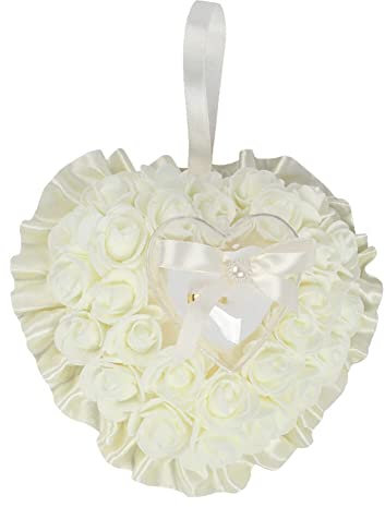 Romantische Ringkissen Herzförmig Ringhalter Hochzeit Ringkissen Rosen Eheringkissen Ringbox Weiß Strass Paar Ring Kissen Hochzeit Herz Kissen für Braut Ringe Rosen Ringträger für Eheringe Verlobung