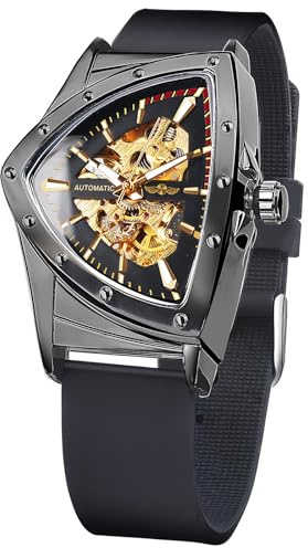 FORSINING Relojes de esqueleto para hombre, reloj mecánico automático con esfera triangular, relojes luminosos de cuerda automática, pulsera de acero inoxidable o correa de silicona suave