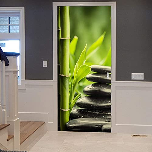 3D Türtapete Selbstklebend Türposter - Grüner Bambus Schwarzer Stein 80 X 200 Cm - Türaufkleber Fototapete Abziehen Und Aufkleben Türfolie Poster Tapete - Kinderzimmer Wohnzimmer Küche Schlafzimmer T