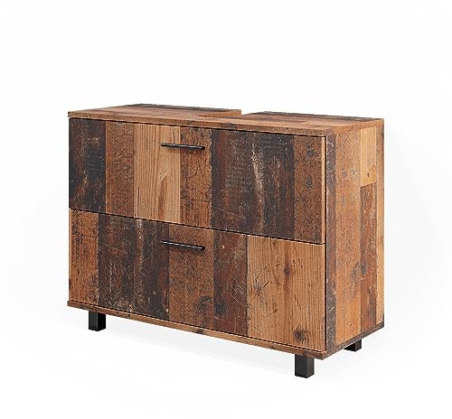 Vicco Meuble sous Vasque Simple Ilias, Chêne Rustique, 80x60.8cm | avec 2 tiroirs, avec découpe pour siphon et ouvertures d’aération latérales