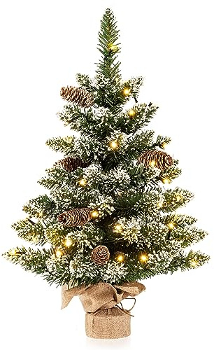 KOMFOTTEU 64 cm künstlicher Weihnachtsbaum Mini, Tisch Christbaum mit 8 Tannenzapfen & 75 Zweigspitzen mit Schnee, Kleiner Tannenbaum mit 50 LED-Lichtern & 8 Lichtmodi für Tisch, Grün