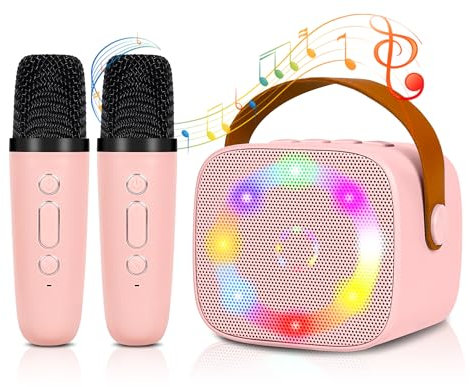 Micrófono Karaoke Juguetes 2 Micrófono Inalámbricos, Máquinas de Karaoke Bluetooth para Niños Adultos, Portátil Altavoz de Karaoke con Luces LED Regalo Ideal para Boda, Fiesta, Cumpleaños (Rosa)
