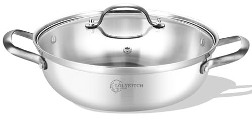 LOLYKITCH 14 Inch Tri-Ply Stainless Steel Sauté Pan with Lid,Everyday Pan,Kadhai,Large Skillet,Jumbo Cooker,Induction Deep Frying Pan,Dishwasher and Oven Safe.(13-3/4 Inch 7 Quarts)