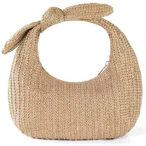 WOFASHPURET Strohtaschen Damen, Schleife Handtasche, Geflochtene Strandtasche, Polyester Clutch, Tragetasche mit Geflochtenem Geldbörse Taschen Clutch für Strand, Freizeit Und Reisen