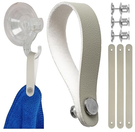 Nähfrei-Aufhänger für Textilien, 4 Pack, 150 x 12 mm Schlaufen, in Grau, aus PU Leder, mit Pin-Knopfverschluss, Aufhänger Laschen für Geschirrhandtuch, Bad Handtuch, Lappen, Dekoartikel, Camping
