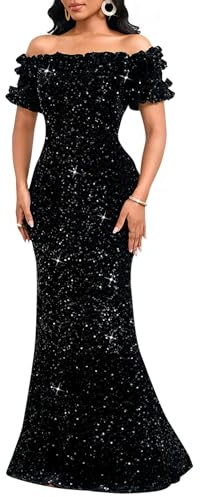 dasmzper Sequin Maxi Evening Gown for Women, Stretch Slim Fit Long Sleeve V-Neck Fully Lined Bodycon Formal Dress Black