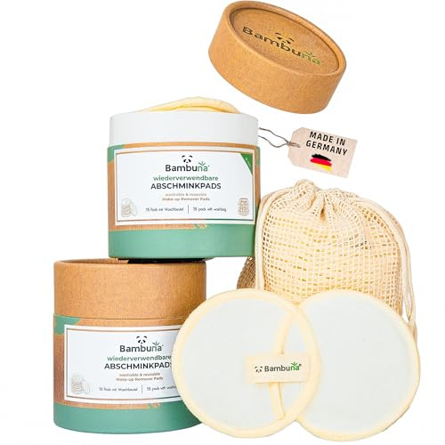 BAMBUNA 2 x 15 almohadillas de algodón reutilizables con bolsa de lavado de algodón, almohadillas desmaquillantes lavables, almohadillas desmaquillantes de bambú