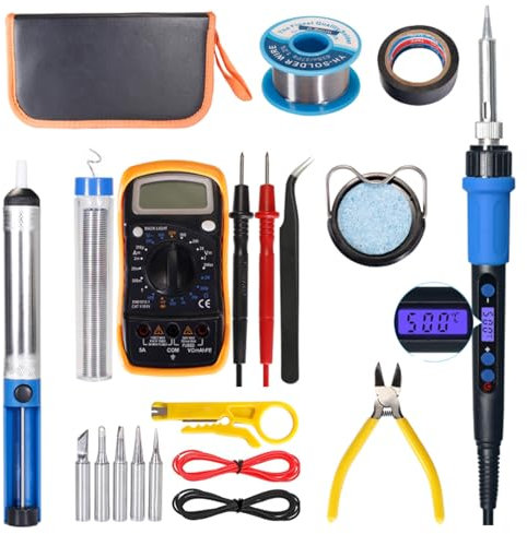 18pcs Soldering Iron Kit 110V 60W Digital Display Electric Soldering Iron Set Adjustable Temperature with LED Multimeter, Stand, Tips, Coil, Solder Sucker, Wire Cutter for Electronics Maintenance