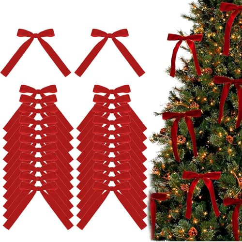 Fiocchi di Velluto Rosso Bordeaux per Albero di Natale - 24 Pezzi, 7x5 Pollici - Decorazioni per Christmas Tree