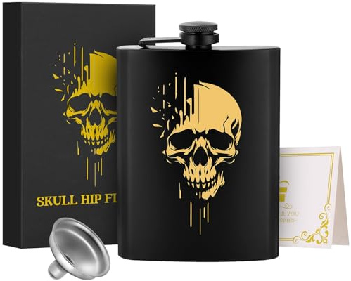 8oz/237ml Edelstahl Flachmann, Taschenflasche, mit Trichter und Grußkarte, Geschenkbox, Goldenes Totenkopf Muster, Geschenk für Outdoor Flachmann, Perfekt für Camping, Wandern und Outdoor Aktivitäten