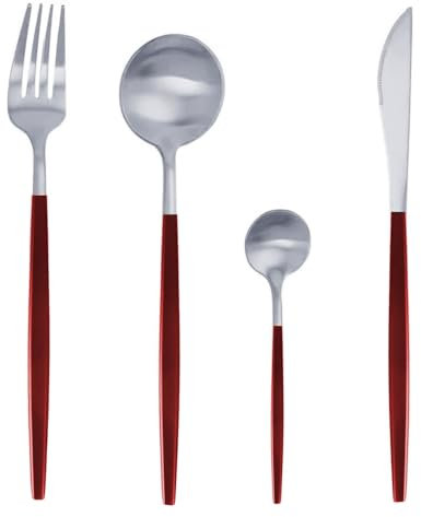 ALLBASA Couvert de table pour 4 personnes, Ensemble de Couverts en Acier Inoxydable,couverts de table 16pcs,cuillère, couteau, fourchette (Rouge)