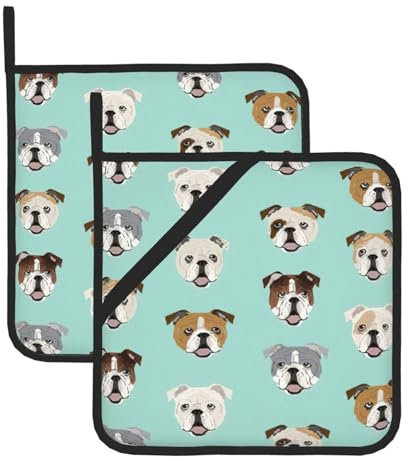 Quadratische Topflappen mit lustiger englischer Bulldogge, 2 Stück, hitzebeständig, zum Kochen, Küchenset