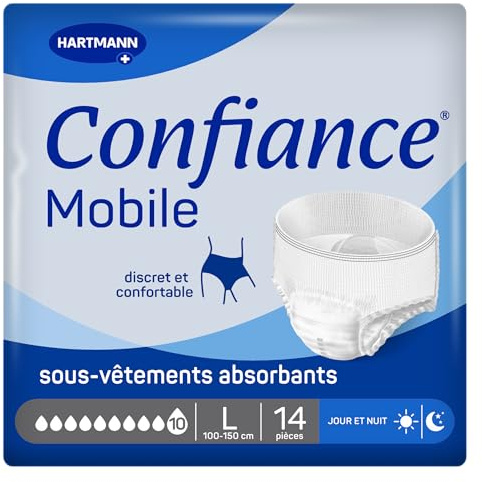 Confiance Mobile - Slips Absorbants pour Hommes et Femmes - Niveau d'Absorption = 10 gouttes (Fuites Urinaires Importantes) - Discrets et efficaces - pH Neutre à la Peau - Taille L - 14 Unités