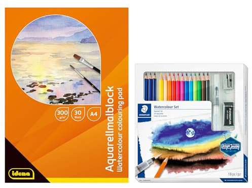 Idena 90344 - Aquarellmalblock A4 mit 30 Blatt, inkl. STAEDTLER Aquarell Set mit 12 wasservermalbaren Buntstiften, 3 Aquarell-Bleistiften, Anspitzer, Radiergummi und Step-by-Step Anleitungen