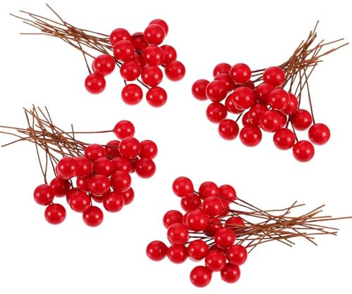 Xiao Hua Bacche di agrifoglio artificiali, 100 mini bacche finte da 10 mm, utilizzate per decorazioni per albero di Natale, ghirlande, artigianato fai da te (rosso)