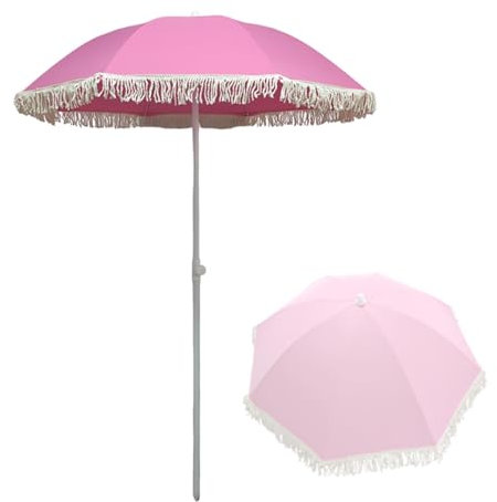 Parasol De Jardin Extérieur Inclinable Plage Inclinable, Petit Portable Avec Franges, Rond, 160 Cm, Pour Jardin, Terrasse, Camping, Hauteur Réglable, 8 Baleines