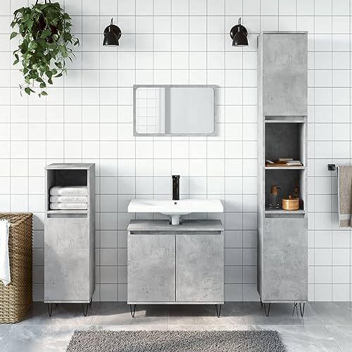 QJBSAVVA Ensemble de meubles de salle de bain - 3 pièces - Gris béton - Armoire de salle de bain moderne avec lavabo et armoires sur pied - En bois - Organiseur pour salle de bain et WC