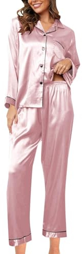 2025 Conjunto de pijama de seda para mujer, conjunto de pijama de satén de 2 piezas, manga larga, vestido abotonado, informal, con pantalones, camisón noruego