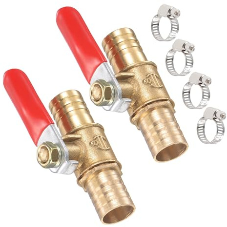 TA-VIGOR Ball Valve Shut-Off Valves, 2 Way 12mm Brass Ball Valve Adapter, Hose Barb Tube Fittings with 90 Degree Non-Slip Handle with Clamps–2 PCS