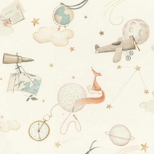Rasch Tapete 302219 - Vliestapete mit Entdecker-Motiv in Beige mit Wolken Kompass und Sternen; Kindertapete Abenteuer - Kollektion Kids World