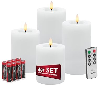 LC Home Candela Lights LED Kerzen 4er Set mit Fernbedienung, Batterien & Timerfunktion LED Echtwachs Kerzen Flammenfunktion & dimmbar Winter Weiß