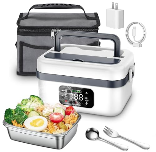 Qawner Gamelle Chauffante avec Batterie, 1L Lunch box Chauffante, Chauffage Programmable, 4 * 4000mAh Rechargeable Batterie, avec Minuterie et Sac Isotherme, pour Travail, Voiture, Chantier (Blanc)