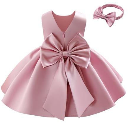 Miipat Klänning för baby flicka satin klänning brudtärna bowknot linje A V-back dop bröllop fest fest nattvard klänningar för barn från 6 månader till 4 år, Böna, 2-3 ans