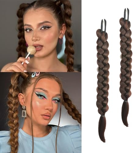 2 Pcs 16 zoll Brown Braid Extensions Pferdeschwanz Verlängerung mit Haargummi 40cm Lange Geflochtener Ponytail Verlängerung Natürliches Haarverlängerung Synthetisches Zopf Haarteil für Damen